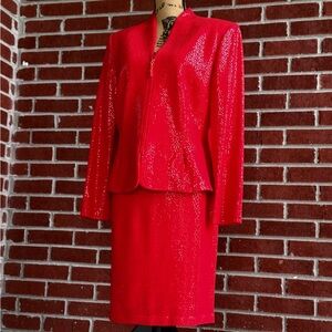 St. John Vibrant Red Sequin All Over Skirt Suit Set